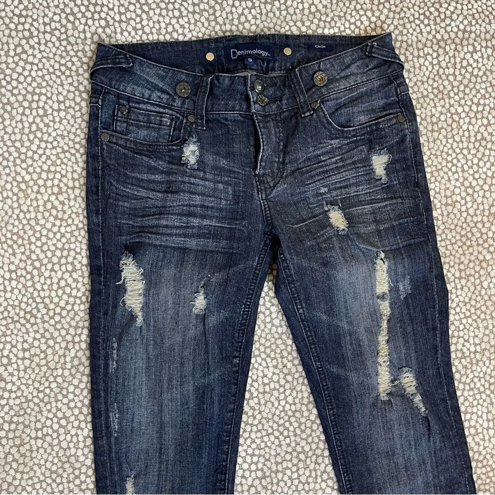 Denimology Dark Blue Distressed Cropped Jeans Mid Rise Size 5 - Picture 8 of 11